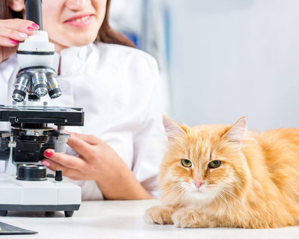 A vet using a microscope and a cat laying near it